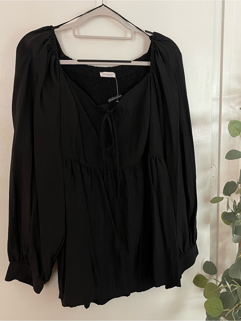Black Peasant Tunic Top with Tie Neck